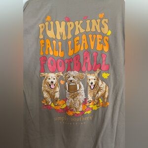 Simply Southern “Pumpkins Fall Leaves Football” Tshirt. Sz Large; 3 golden pups